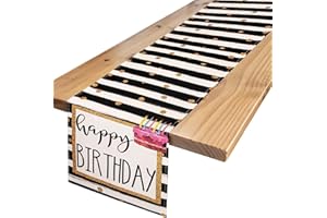 HANRUNSI Table Runner Black Birthday Stripes Birthday Table Runner with Golden Dots Cake Candles Table Runner Kitchen Dining Table Decoration for Indoor Outdoor Party Decor 40 x 140 cm