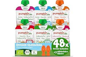 Pumpkin Organics 48er Pack ERSTE LIEBE Bio Gemüse-Quetschies mit 2 Löffelaufsätzen - Quetschie ohne Zuckerzusatz¹ - Beikost unterwegs - für Babys ab dem 6. Monat - Bestseller (48x100g)
