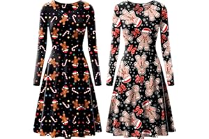 Love My Fashions® 2 Pack Christmas Dresses for Women UK Reindeer & Snowman Novelty Print Swing Skater Style Novelty Xmas Party Costume Tops