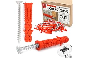 Lot de 200 chevilles 6 x 30 mm avec vis 3,5 x 50 mm – Chevilles à percussion et chevilles universelles pour béton, brique, blocs creux, kit de chevilles avec vis à tête fraisée Lun Fix
