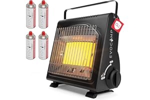 ‎EVOCAMP EVOCAMP Tragbare Gasheizung, Camping Heizung 1,7 kW, multifunktionale Keramikheizung, perfekte Gasheizung für Innenräume und Outdoor mit ODS (Sauerstoffmangelsicherung (+ 4 Gaskartuschen)