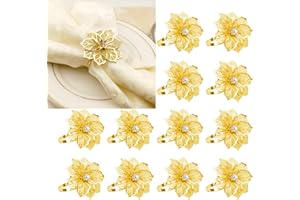 INCETUE Flower Napkin Rings Set of 12, Hollow Out Floral Napkin Holder Adornment Exquisite Household Napkins Rings Set Rhinestone Napkin Rings for Wedding Banquet Christmas Table Setting (Gold)