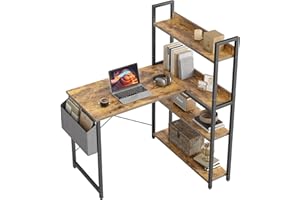 CubiCubi Petit bureau d'ordinateur en forme de L, 100 cm, avec étagères, bureau d'angle pour bureau à domicile, pour écrire, avec sac de rangement, marron rustique