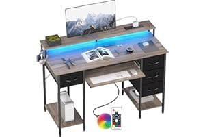 BEXEVUE Modern Desk with Power Outlets LED - 120x50 cm Computer Table Gaming Desk, Keyboard Tray, 4 Reversible Drawers, Large Storage Bookshelf Workstation for Study Play Work Bedroom Home Office