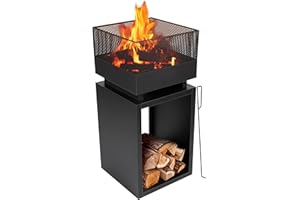 BBQ Collection Brasero Exterieur 85 x 39 cm - Incinerateur de Jardin sur Pied - avec Écran Anti-Étincelles - Rangement de Bois - Decoration Jardin et Terrasse Exterieur - Acier au Carbone