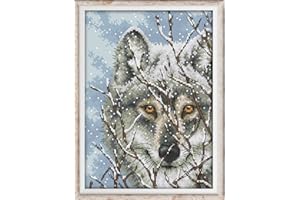 Joy Sunday Kit per Ricamo a Punto Croce con Disegno Stampato, Completo di Filo e Ago - Ideale per Bambini e Principianti-Lupo Delle Nevi 27 Cm X 39 Cm