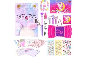 PrinBarBee Cat Diary for Girls with Lock and Key,Tie-Dye Fuzzy Journal for Kids,Hardcover Fluffy Locking Notebook for Writing and Drawing,4-12 Year Old Girl Birthday Gifts (A Happy Cat)
