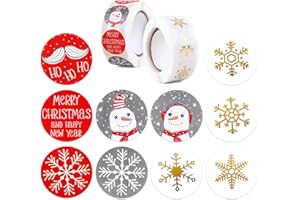 GEBETTER 1000Pcs Pegatinas Navidad Regalo, 10 Diseños 2.5cm 2 Rollos Redonda, Etiquetas Adhesivas Navideñas, Decoración Adorno Sobre Tarjeta Bolsa Caja Regalo Fiesta (Copos de Nieve)