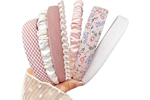 JOMA-E SHOP Fashion Headbands for Women Girls Headbands Set, 7pcs Pearl Headband Floral Headbands Padded Headband for Women Vintage Wide Hair Band (Pink)