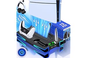Fanxieast Cool Black RGB LED PS5 Stand & PS5 Cooling Station with Dual Controller Charging, 4 Adjustable Speeds, LED Indicators, PS5/PS5 Slim Compatible