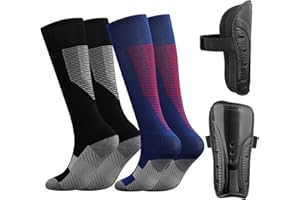 Aquzhou 2 Pairs Kids Football Socks Aged 6-13 with Shin Pads Boys Girls Set, Cushioned Knee High Breathable Girls Boys Football Socks and Shin Pads for Kids