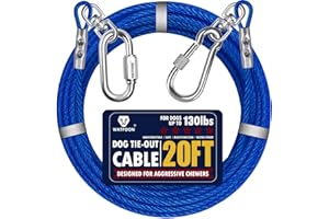 WATFOON Dog Leads for Yard 20ft 25ft 30ft 35ft 40ft 45ft 50ft 55ft 65ft 100ft Dog Tie Out Cable Runner Steel Tieout Heavy Duty Tether Chew Proof Long Dog Chains for Outside, Camping, Park (20ft-Blue)