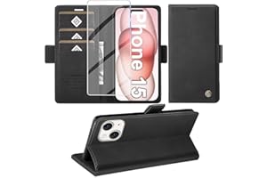 Giyer Handyhülle für iPhone 15 Hülle mit Schutzfolie, Standfunktion Kartenfach Wallet Premium Leder Schutzhülle für iPhone 15 5G 2023 Flip Case Cover Tache Stoßfeste Klapphülle (Schwarz)