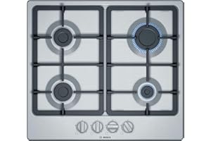 Bosch Series 4 PGP6B5B90 Gas Hob with Continuous Cast Iron Support, 4 Gas Burners, Biomethane ready, Integrated, Stainless steel, 60cm wide