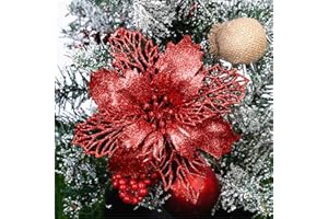 GLITZFAS 12 Stück Glitter Weihnachtsbaum Dekoration, Weihnachtsbaumschmuck Ornament Weihnachten Blumen Dekor, Christbaumanhänger (Rot,9 cm)