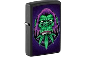 ‎ZIPPO Zippo Zapalniczka Sztormowa, z Motywem Konopi i Goryla, Czarne Matowe Wykończenie, Efekt Czarnego Światła, z Możliwością Napełniania, Wielokrotnego Użytku, Made in USA