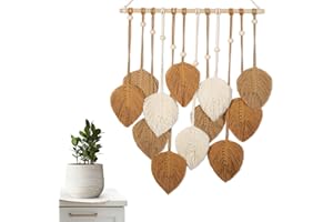 ASMPCUE Boho Macrame da Parete, Arazzo Fatto a Mano Decorazione da Parete con Perline di Legno e 12 Arazzi con Foglie per Soggiorno, Camera da Letto, Cameretta dei Bambini, 20 x 27,5 Pollici (Marrone)