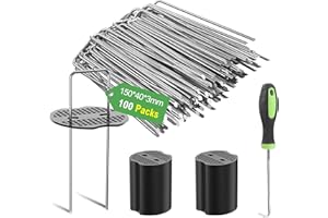 Graxury 100Packs 6 Inch Heavy Duty 11 Gauge Garden Pins Stakes with 100Packs Gasket - Galvanized Steel Staples Pegs for Securing Anchoring Weed Fabric Landscape,Netting Tubing with 1 Pick Hook