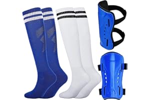 Aquzhou 2 Pairs Kids Football Socks with Kids Shin Pads, Aged 6-13 Boys Football Socks Cushioned Breathable Girls Boys Soccer Sock for Junior