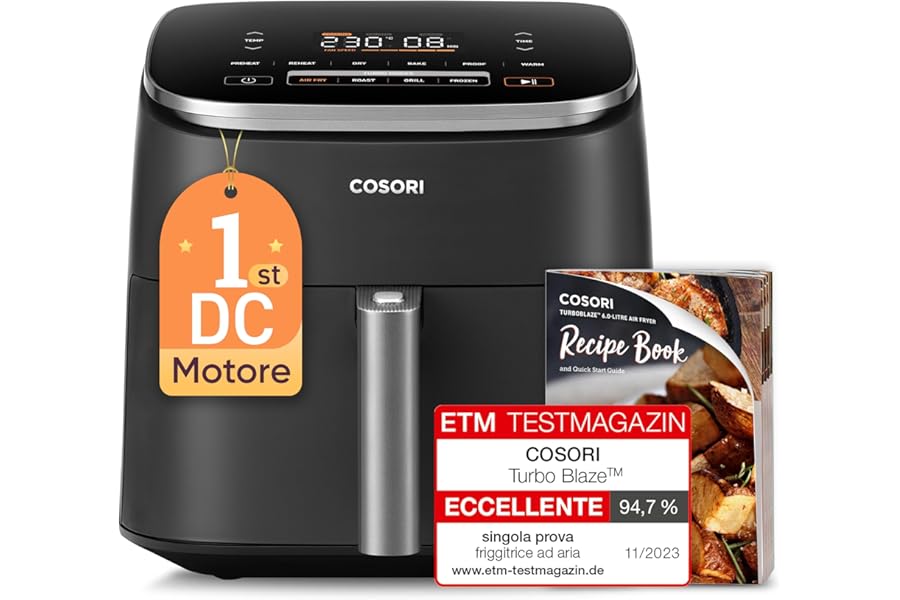 COSORI Turbo Blaze Air Fryer 6 Litres, Air Fryer with DC Motor Technology, 9 Functions & 5 Automatic Fan Speed, 110 Recipes & 96 Ingredient Cooking Tables, 1725W