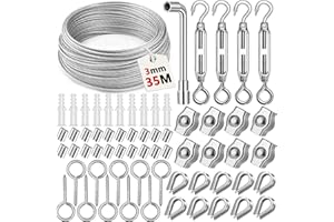 VIPNAJI Corde en Acier Inoxydable à Suspendre Kit,35M/3mm Câble en Acier Inoxydable Revêtu avec M5 Tendeurs de Fil,Kit Cable Metallique 304 pour Outdoor Suspension,Corde a linge,Plante Grimpante, Ramb