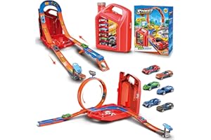 Charmofun Piste de Course 2 en1, Circuit Voiture Enfant avec 6 Voitures, Bboîte Rangement, Piste de Voiture avec Looping et U Track, Portable Jouet Circuit Voiture pour Enfants de 3+ Ans (Rouge)