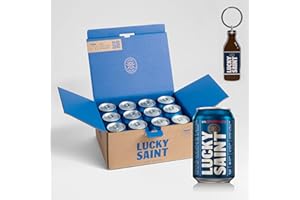 LUCKY SAINT Alcohol Free Beer - Unfiltered Lager, Case of 12 x 330ml, 0.5% Cans with Keyring | Vegan, 53 Calories Per Lager