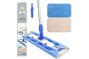 MR.SIGA Balai Serpillière Plat Professionnel avec 3 Chiffons Microfibre Réutilisables et 1 Brosse, Balai Nettoyage Sol Réglable à Long Manche INOX