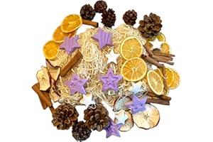 ENDLOS SCHENKEN Potpourri natalizio con fette di arancia essiccate, fette di mela, bastoncini di cannella, stelle di cocco bianche e viola e pigne, decorazione naturale per corone dell’Avvento (Deko 1)