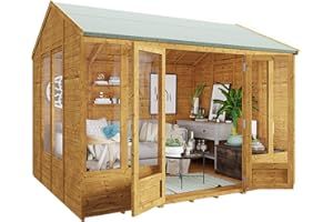 BillyOh Petra 10x8 Reverse Apex Summer House Shed, Log Cabin | Wooden Garden Room with Wide Double Doors, Tear Resistant Felt, Tongue and Groove Construction | Versatile Tiny Home or Garden Office