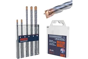 Presch Jeu de 5 Forets SDS-plus X4 - Mèches Béton Armé 4 Taillants et Indicateur de Cheville - Coffret Perforateur pour Béton, Pierre, Granit, Brique, Maçonnerie - Ø 5-10 mm