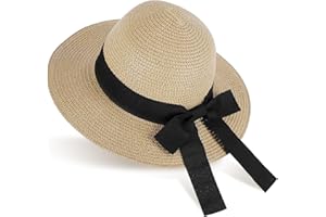 GNEGNI LIFE Straw Sun Hat Girls, Foldable Summer Beach Caps for Kids 2.8 inch Wide-Brim Sun Hat with Bowknot Floppy Portable Visor Hats for Holiday, Travel 2-5 Years Old (Khaki)