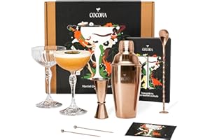 Cocora Set Martini | Set à Cocktail de 8 pièces | Shaker à Cocktail en Acier Inoxydable | Verres à Martini Coupés | Kit Barman | Livre de Cocktails (10+ Recettes) | Emballage Cadeau de Luxe (Rose)