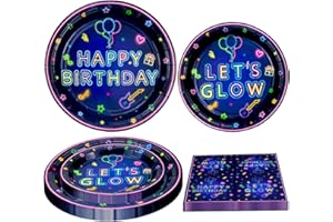 DVAORC 120 Pack Neon Party Supplies Glow Tableware Set Glow Party Plate Set Glow in The Dark Birthday Party Plates, Napkins Neon Glow Paper Plates Blacklight Party Decoration Birthday Party Deco Serves 40