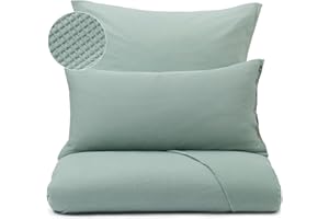 ‎URBANARA URBANARA Jersey-Bettbezug Medelo 155x220 cm - 100% Baumwolle, Bettwäsche mit Waffel-Struktur & Knopfleiste, einzelner Bettdeckenbezug - Salbeigrün