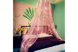 Eimilaly Ciel de lit en Dentelle moustiquaire avec lumières Chaudes, Princesse Ciel de lit pour Fille décoration de Chambre, Rose/Unique Porte