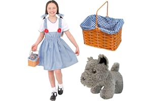 I LOVE FANCY DRESS Dorothy Costume with Dog In Basket For Girls - Gingham Dress + Matching Hair Ties + Small Grey Dog In Basket - Kansas Girl World Book Day Fancy Dress Costume