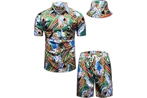 fohemr Herren barock 2-Teiliges Outfit Golden Chain Muster Hemd shorts mit Eimerhut Freizeitanzug Sommer Urlaub Strand set