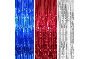 AISSZHAO 3pcs Red Silver Blue Tinsel Foil Fringe Curtains,3.2ft x 6.5ft Party Backdrops Props for King Charles III Coronation,UK USA French Events,American Independence Day,Superhero Avengers Theme Party Decor