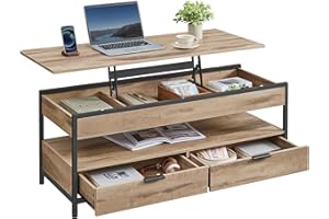 VASAGLE Table Basse, Table de Salon avec Plateau Relevable, Tiroirs de Rangement, avec Rangement Ouvert et Compartiment Caché, 50 x 120 cm, Marron Camel et Noir d’Encre LCT252K02