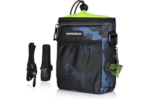 WALDSEEMÜLLER Camo Blue Dog Treat Pouch - Walking Bag with Multiple Pockets, Built-In Poop Bags Dispenser, Adjustable Belt 3 Ways to Wear