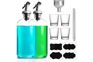 FNG8 Frascos de Vidrio Transparente Dispensador de Enjuague Bucal - Pack de 2 Botella Cristal con Dispensador 475 ml con Pitorro Vertedor Hermético, 4 Vasitos de 25 ml, Embudo, Pegatinas y Rotulador
