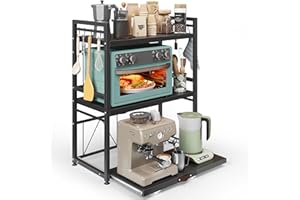 NETEL allungabile mensola microonde a 3 Livelli,supporto microonde,scaffale da cucina,Organizzatore di Stoccaggio per Cucina con 8 Ganci, Nero