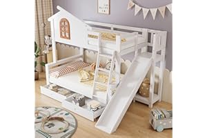 Rtopsu Letto per Bambini a Castello 90x200 & 120x200 cm con Scivolo, Letto per Ragazzi con Scaletta e Contenitore Cassetti, Letti a Soppalco con Sponde, Finestra e Rete a Doghe,Bianco, Senza Materasso