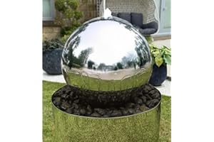 Aqua Moda Aterno 45cm Polished Steel Sphere Water Feature with Base - Self-Contained Outdoor/Indoor Garden Fountain, Modern Stainless Steel Sphere for Patio & Landscaping