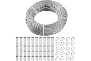 TooTaci Câble en Acier Inoxydable 3mm, 100M avec Manchons de Sertissage M3 & Cosse – Idéal pour Treillis de Jardin, Support de Clôture, Garde-Corps & Solutions de Suspension Extérieures