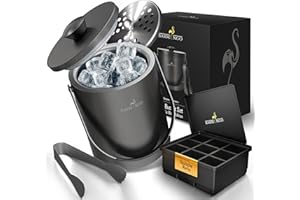 ‎BARMINGO BARMINGO Edelstahl Eiswürfelbehälter mit Deckel - 2l Eisbehälter mit Sieb, Eiswürfelform, Zange | Eiskübel doppelwandig, isoliert, BPA-frei, Silikondeckel | Eiseimer | Metallic-Schwarz