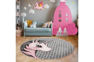 SIMPEX Tappeti per bambini, Disegno di unicorno, Tappeto Rosa, 160 cm Rotondo, Tappeti per bambini, Tappeto camera dei bambini
