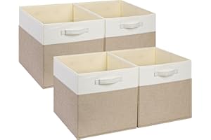 SOCOHOME Mangata Cajas de almacenamiento de 33x38x33cm, cestas de almacenamiento de tela para cubos de ropa, cestas, cofres, juguetes (Caqui claro/Blanco, 4 piezas)