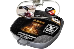 STONELINE Casseruola Quadrata 32 cm, Tegame 2 Manici Coperchio Salva-Aroma Alluminio Pressofuso, Rivestimento Antiaderente con Vere Particelle di Pietra, A Induzione Forno Tutti i Piani, Grigio